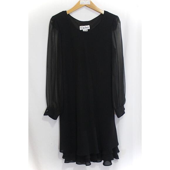 Vtg Black Cocktail Dress Sz 8 Long Sleeve Sheer Chiffon Flutter Hem CACHET USA - Picture 2 of 7